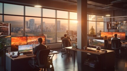 Fototapeta premium A scene showcasing a team of software developers coding, collaborating, and testing applications in a modern development environment 