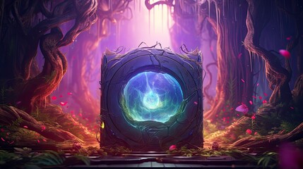 Ethereal glowing cube with a colorful portal to another dimension, illustration