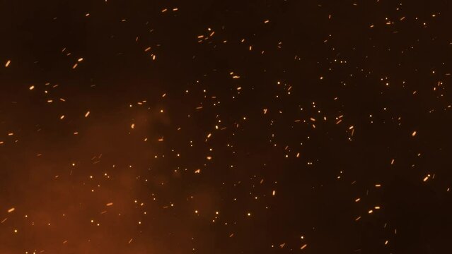 4K Fire Particles over black background Flying Embers from fire smoke. motion of fiery orange Red glowing flying ember burning ash particles. Burning red hot sparks, Fire Glowing Particles