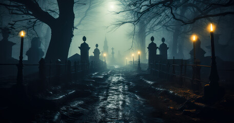 Haunting Atmosphere: Foggy Path in the Cemetery