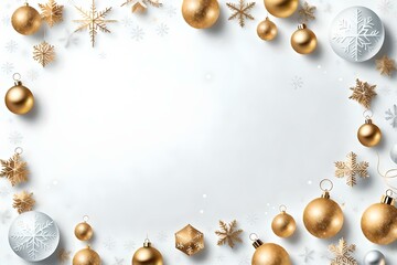 Fototapeta na wymiar Christmas frame of spruce, silver & gold christmas decorations on white space.