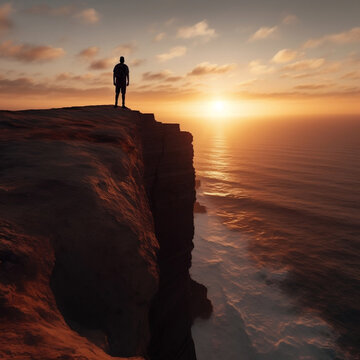 Silhouette of a person on a cliff at sunset