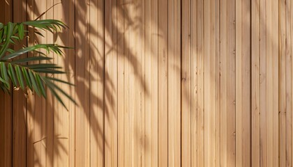 Background for minimal product placement featuring a palm shadow on a plaster wall elegant interior architectural design, with wooden background