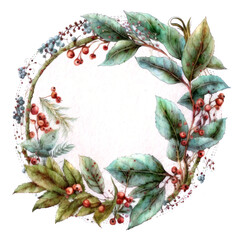 Watercolor frame from leaves and berries on a white background, wreath. AI generative.