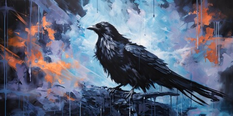 AI Generated. AI Generative. Draw paint watercolor oil sketch ink crow raven on canvas. Abstract geometric shapes background decoration view. Postcard home decor.