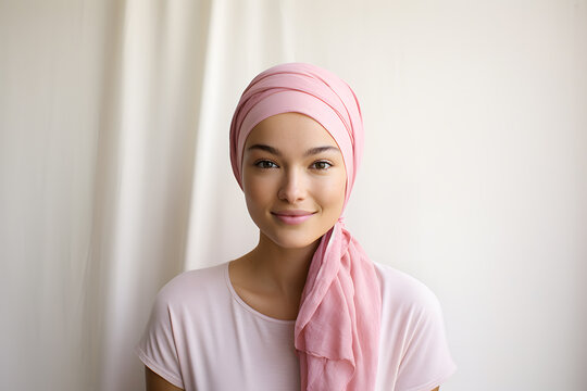 A woman wearing a pink headscarf showing her support cancer survivor