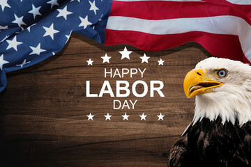 Eagle With American Flag Flies In The Fireworks With Abstract bokeh Lights - Labor Day