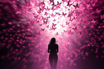 Pink butterflies flying around a womans silhouette 