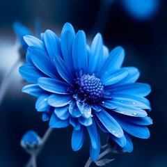 Fototapeta premium Blue dahlia flower on black background, selective color photography