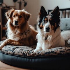 two dogs in a dog bed looking - generative ai