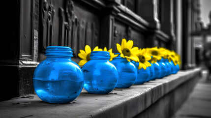 Vivid blue lanterns with yellow flowers, selective color photography