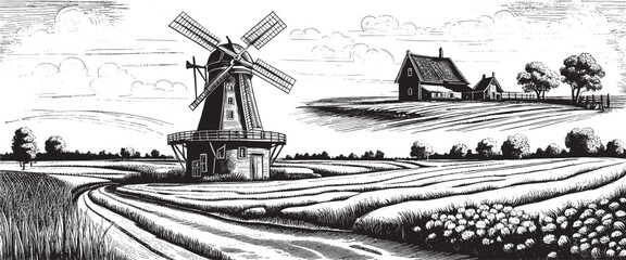 Old windmill and field with haystacks , Hand-drawn sketch of a windmill with a transparent background , vector illustration