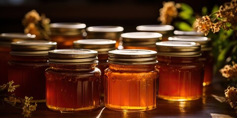 AI Generated. AI Generative. Honey gar bottles containes on kitchen. Sweet dessert organic sugar food on kitchen mock up decoration background. Graphic Art