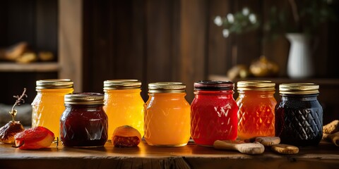 AI Generated. AI Generative. Honey gar bottles containes on kitchen. Sweet dessert organic sugar food on kitchen mock up decoration background. Graphic Art