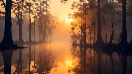 Zelfklevend Fotobehang Get lost in the beauty of nature with this serene image capturing a tranquil lake at sunrise, shrouded in mist and surrounded by towering trees. Generative ai. © ckybe