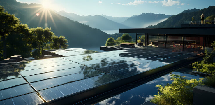 Expensive and futuristic home with blue solar photovoltaic panels for producing clean ecological electric energy. Investing in renewable electricity. Water solar panels.