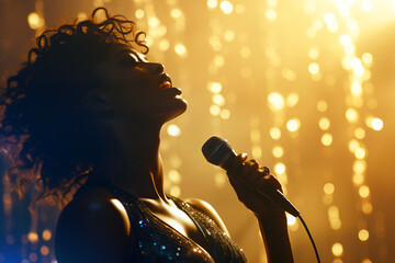 Beautiful African American female singer sings on stage in golden bokeh lights. Generative AI illustration - obrazy, fototapety, plakaty