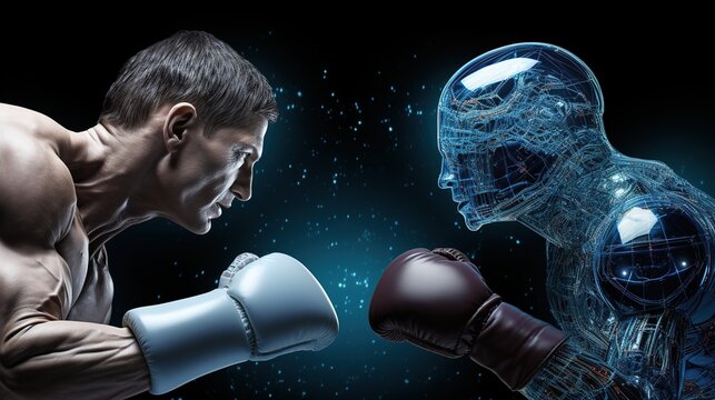 A professional boxer and a robot in boxing gloves stand together before a fight. Ai vs human. Boxing. Generative AI. Illustration for banner, poster, cover, brochure or presentation.