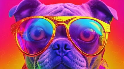 Stylish dog in trendy glasses in futuristic style and neon colors. Generative AI illustration. Printable design for t-shirts, mugs, cases, etc.