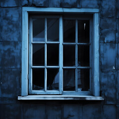 Old wooden window in the wall, denim blue tint