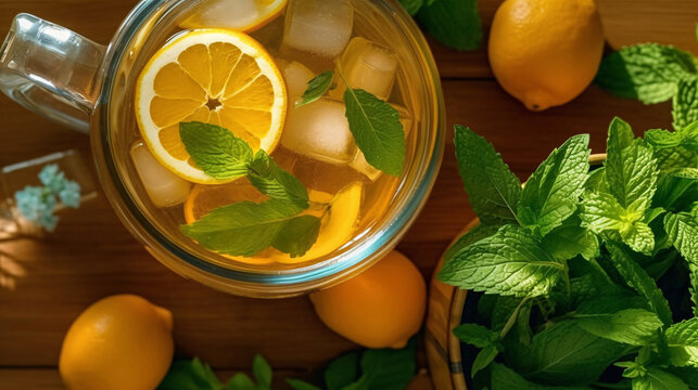 Iced lemon mint tea pitcher, paths Stock Photo by maxsol7