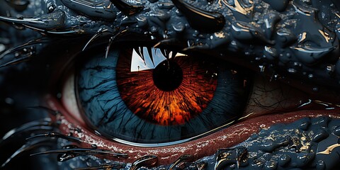 AI Generated. AI Generative. Myth fantasy dragon eye. Macro close up illustration decoration graphic art view lokk watching at you © AkimD
