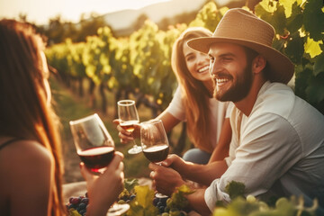 Happy European friends drinking and toasting with local wine during picnic near vineyards in countryside. Young men and women spend time together. Concept of winemaking, friendship and leisure