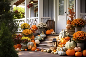 Gordijnen  Porch of the backyard decorated with pumpkins and autumn flowers © Jasmina