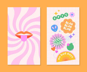 Vector insta story templates with patches and stickers in 90s style.Smm banners in y2k aesthetic with spiral background.Funky designs for social media marketing,branding,packaging