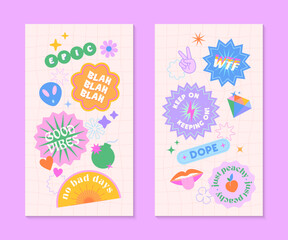 Vector insta story templates with patches and stickers in 90s style.Smm banners in y2k aesthetic with chess background.Funky designs for social media marketing,branding,packaging