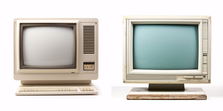 Close up of old computer monitor isolated on white background. Retro wave old personal computer PC. Nostalgia concept.