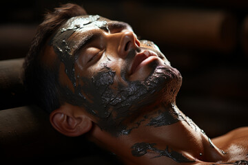 The man enjoys mud  face mask in a spa salon. Luxury treatment. Generated AI - obrazy, fototapety, plakaty