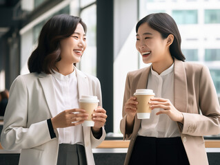 コーヒーを持って談笑する2人の女性ビジネスマン