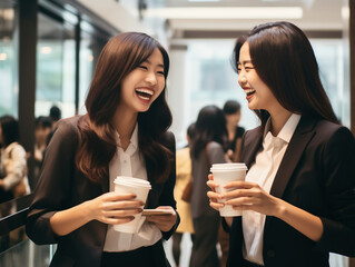 コーヒーを持って談笑する2人の女性ビジネスマン