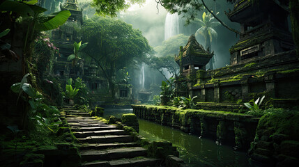Enchanting green fantasy forest with a path to a hidden temple
