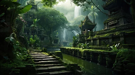 Fotobehang Bedehuis Enchanting green fantasy forest with a path to a hidden temple