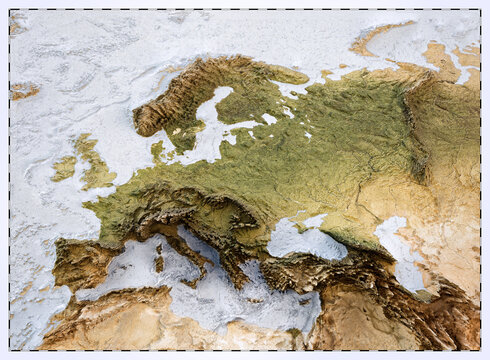 3D World map of the Europe. Exaggerated EU topographic relief. Central Europe, Mediterranean, Scandinavia, UK, Russia, three dimensional continent surface. Detailed physical map, geography template
