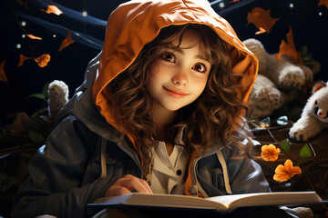 little girl reading a book with stories for kids