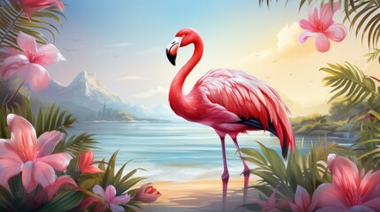 
Pink flamingo on the background of a tropical landscape. Vector illustration. Generative AI.
