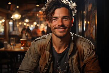 handsome man portrait in a pub or club, having a drink.