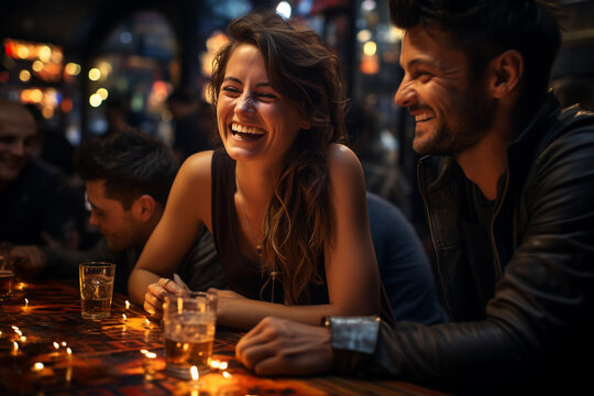 handsome group of friends, male and female, having fun together at a restaurant or pub or club, drinking beer or any other beverage