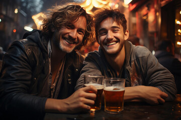 two friends together in a party or a club or a pub, having fun drinking beer or any alcoholic drink