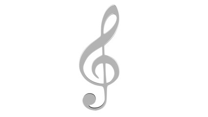 Silver treble clef or violin key isolated on white and transparent background. Music concept. 3D render