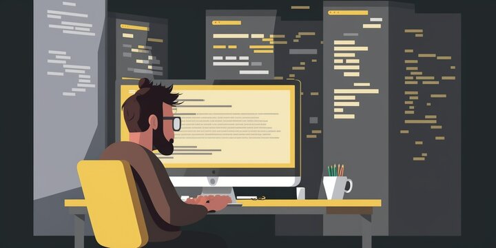 Programmer codes JavaScript on laptop while designing mobile apps on their phone at a software company office. 