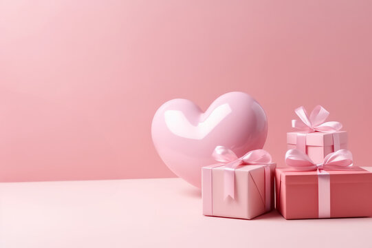 Pink balloon heart in pink studio with gift boxes.. Generated ai