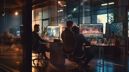 A scene showcasing a team of software developers coding, collaborating, and testing applications in a modern development environment