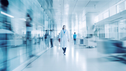Blurred doctor woman walk fast movement in  hospital with patients waiting on seats background. Generated ai.