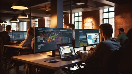 Fototapeta premium A scene showcasing a team of software developers coding, collaborating, and testing applications in a modern development environment