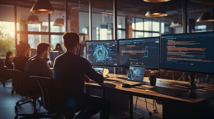 A scene showcasing a team of software developers coding, collaborating, and testing applications in a modern development environment