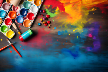 colorful art supplies including paint brushes mark